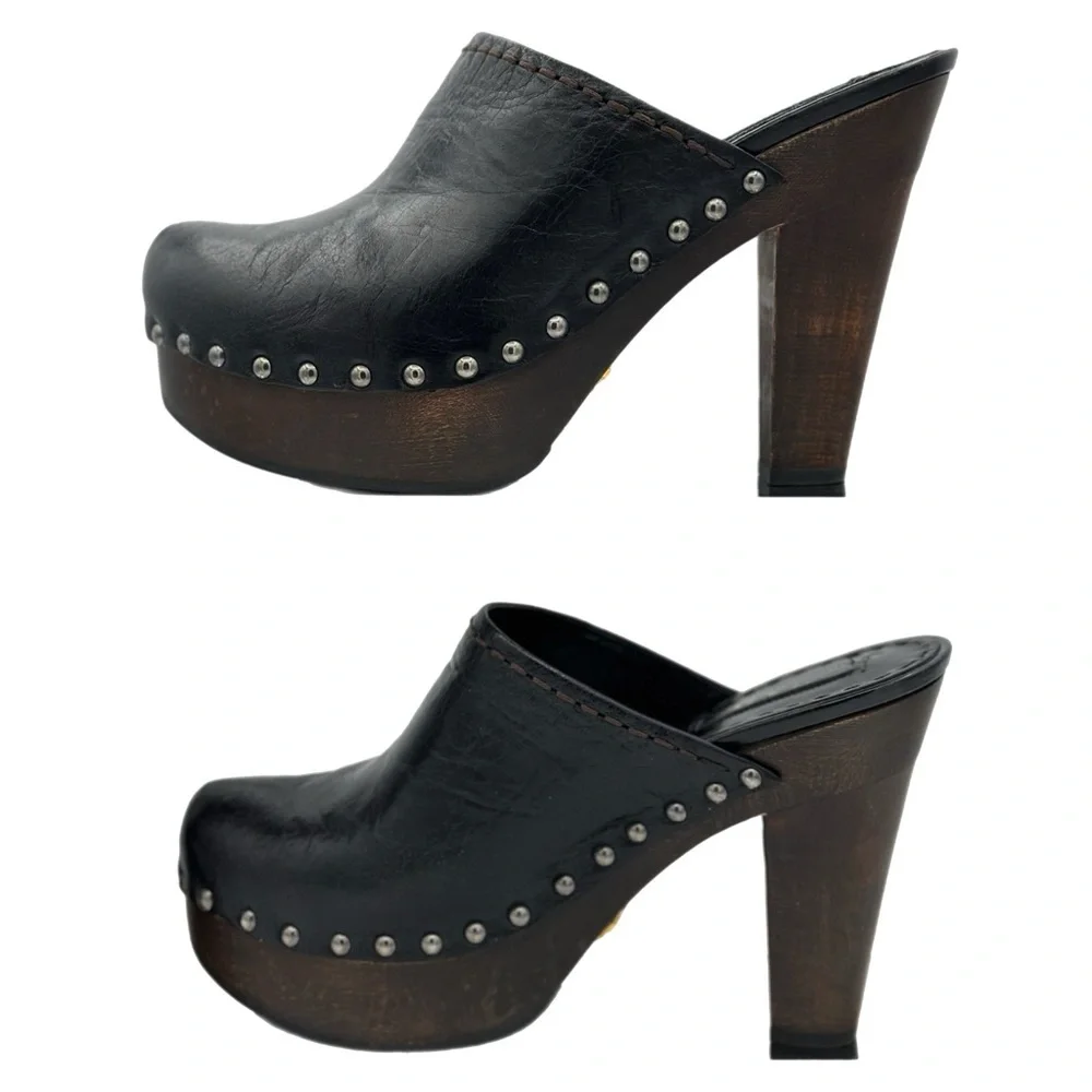Prada Black Leather Mules with Distressed Wooden Heel – Size 39 EU - Picture 6 of 13